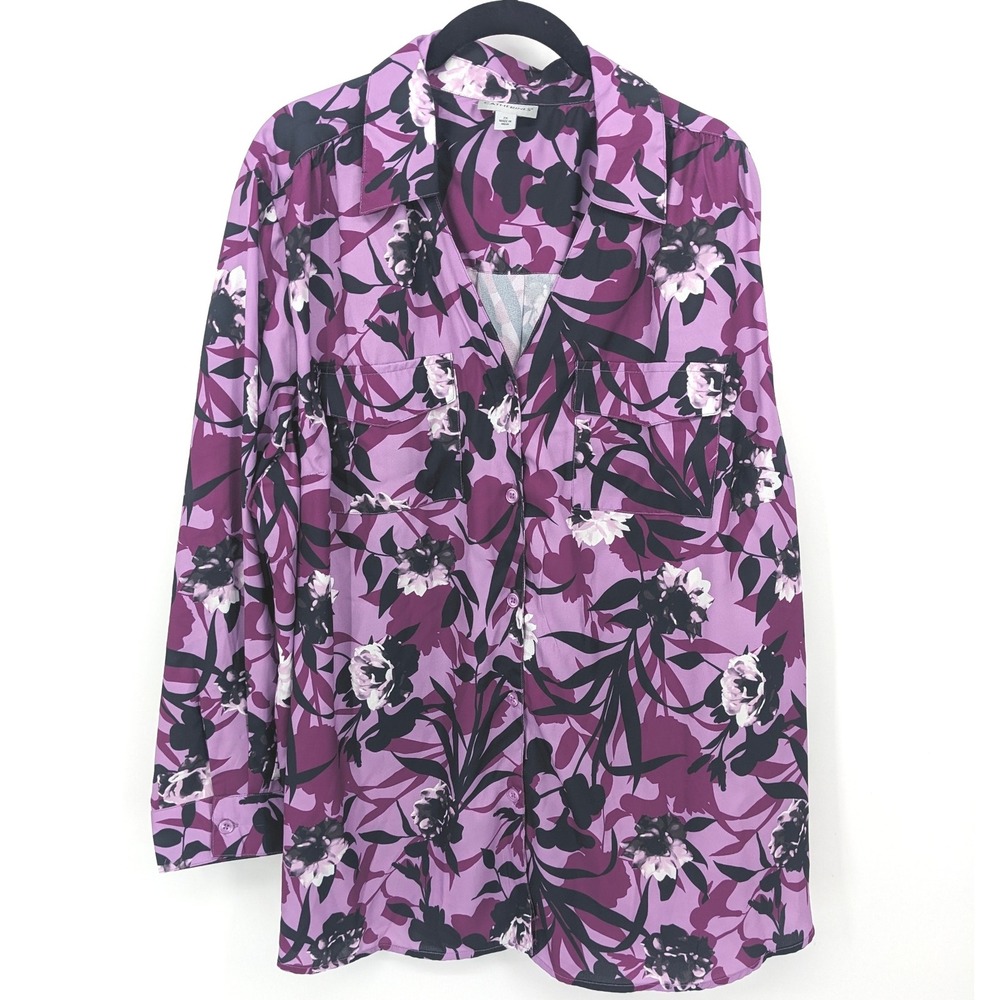 Catherines Blouse Womens 2X Purple Floral Long Sleeve Button Up Shirt Top Mature